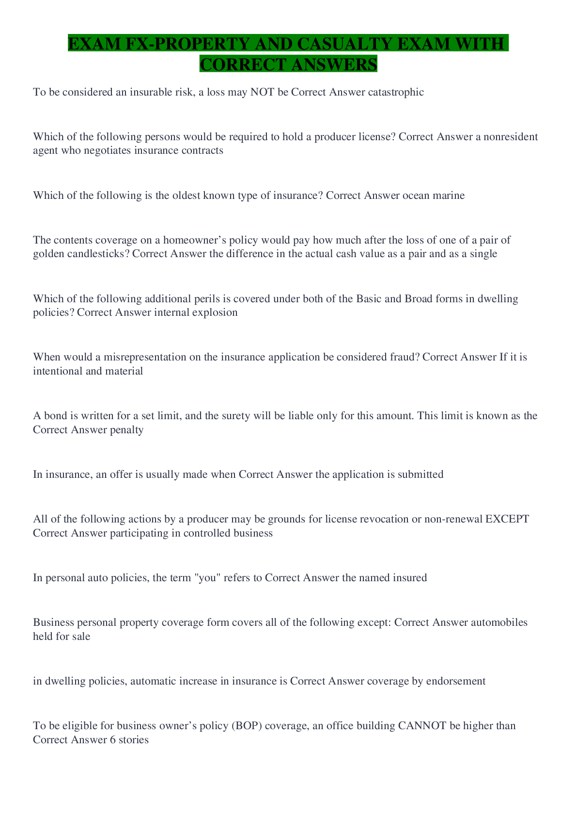 Preview image for EXAM FX-PROPERTY AND CASUALTY EXAM WITH CORRECT ANSWERS